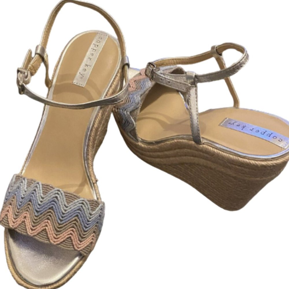 Copper Key Wedge Sandals Chevron Ankle Strap Ladies Size 10